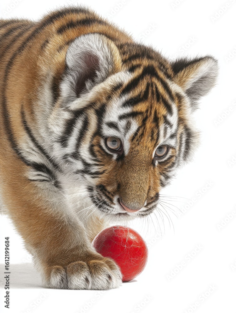 Obraz premium Adorable tiger cub plays with a red ball on white background.