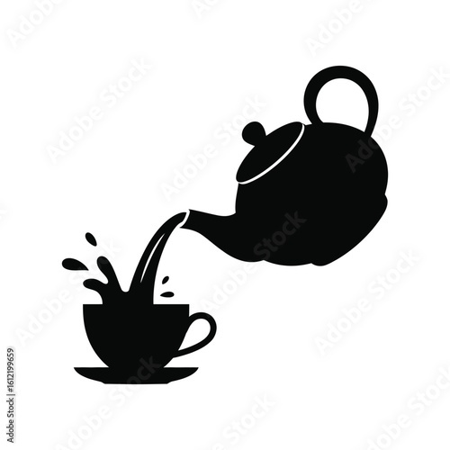 Silhouette icon of a teapot pouring a hot beverage into a teacup, creating a splash. Vector graphic for cafes and menus.
