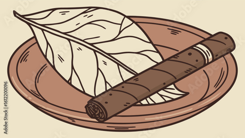 Hand drawn cigar on plate with tobacco leaf vector illustration for smoking and relaxation concept art