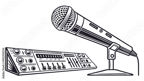 Microphone and audio mixer vector illustration for sound recording studio equipment and music production 100