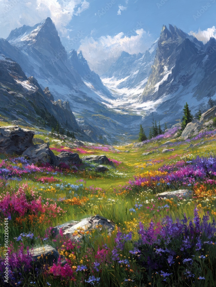 Fototapeta premium Vibrant wildflowers dot a serene alpine meadow, surrounded by towering mountain peaks, under a bright blue sky with a hint of wispy clouds.