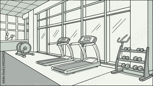 Gym interior with treadmills exercise bike and weight rack for fitness and health workout training center scene
