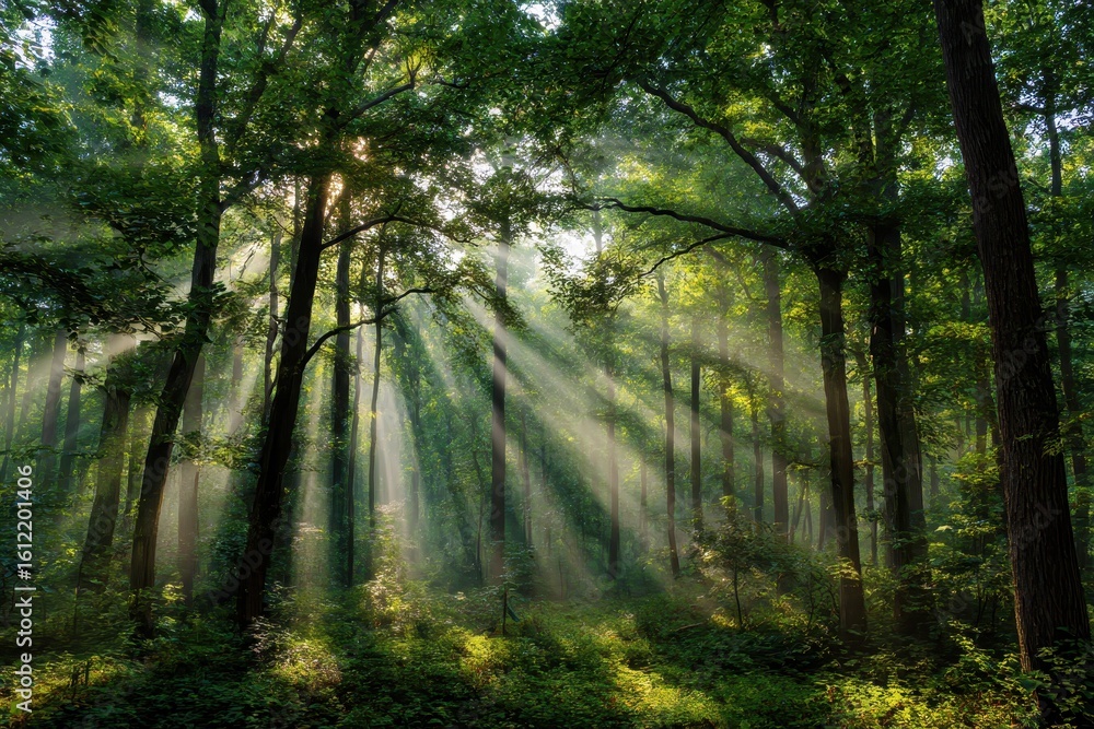 Fototapeta premium Sunbeams Illuminate Lush Green Forest
