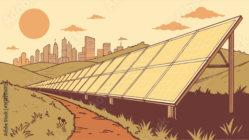 Illustration of solar panel farm generating clean energy with city skyline in the background at sunset