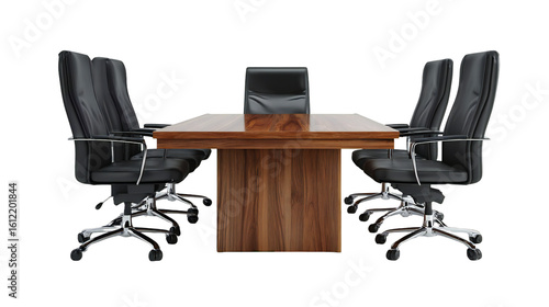 Photo of a modern conference table with six black leather executive chairs arranged around it, set in a professional boardroom, isolated on white isolated on transparent background