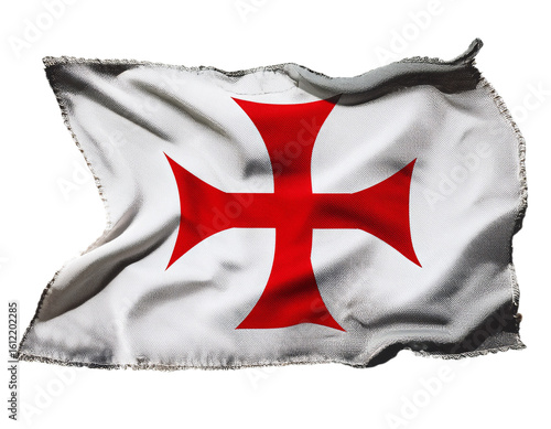 Iconic Templar Knights cross flag waving with textured fabric detail, historical symbol of faith