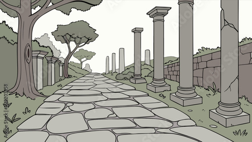 Ancient roman road with stone columns and trees vector illustration landscape background design travel