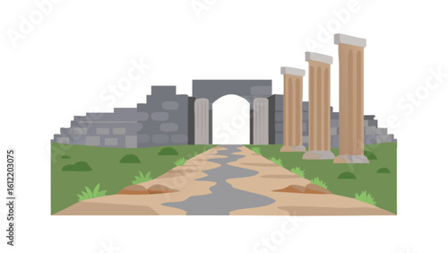 Explore ancient ruins architecture with columns and archway vector illustration for historical travel designs