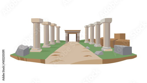 Ancient ruins architecture illustration with columns and archway pathway for historical site design
