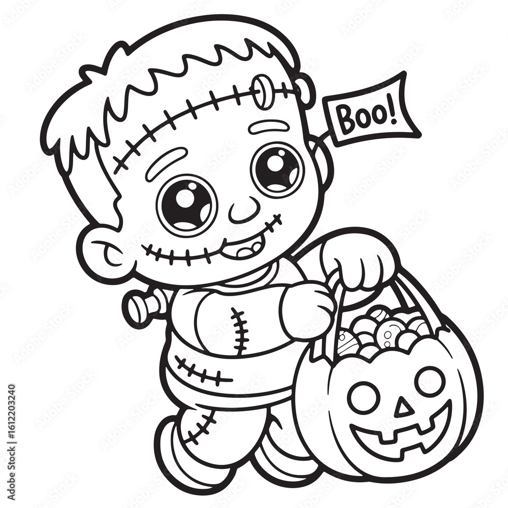 Fototapeta premium Cute Frankenstein Halloween Coloring Page – Cartoon Baby Frankenstein Holding Jack O’Lantern Pumpkin Trick or Treat Basket with “Boo” Sign 