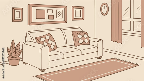 Illustration of living room interior design with sofa pillows rug plant and wall decor for home