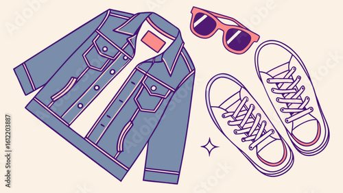 Trendy outfit illustration with denim jacket sneakers and sunglasses fashion style apparel and accessories
