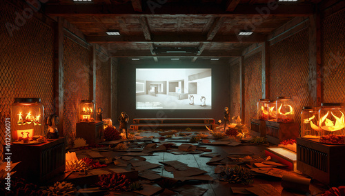 Wallpaper Mural Industrial Room with Projection Screen and Illuminated Jars Torontodigital.ca