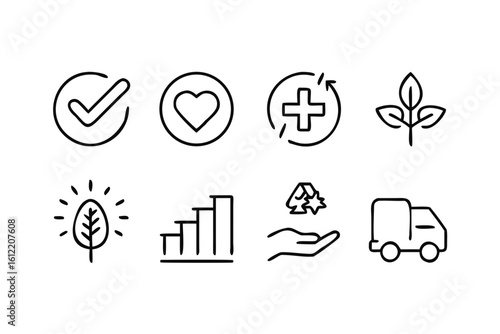 Set of eight simple line art icons for sustainability and business growth vector