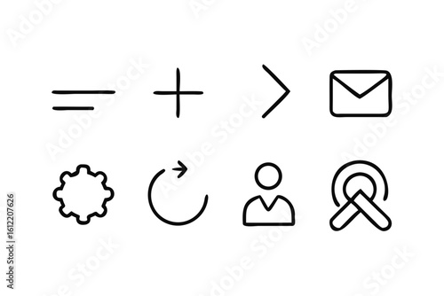 Set of eight simple outline icons including a gear and envelope graphic symbol