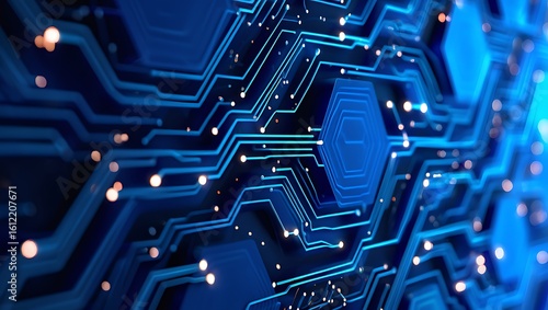 Abstract blue circuit board with glowing lights and intricate pathways