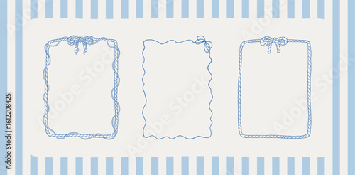 Set of Mediterranean summer whimsical frames. Coquette coastal hand drawn vector borders collection. Nautical decorative retro borders with waves, rope, terazzo shapes. Perfect for summer sea vacation