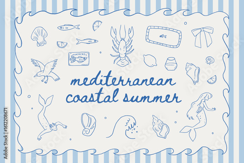 Mediterranean coastal summer whimsical line art illustrations. Hand drawn seafood, wine, sailboat, swimsuit, coffee, ice cream, and marine elements. Relaxed Italian vacation vibe vector collection