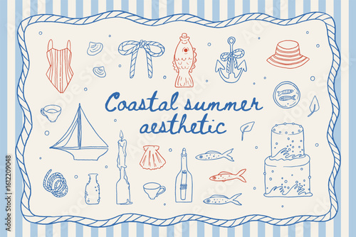 Coastal summer aesthetic whimsical line art illustration set. Nautical party elements: boat, wedding cake, fish, candles, sardines, seagull. Hand drawn vintage coastal design. Fishermancore sea vector