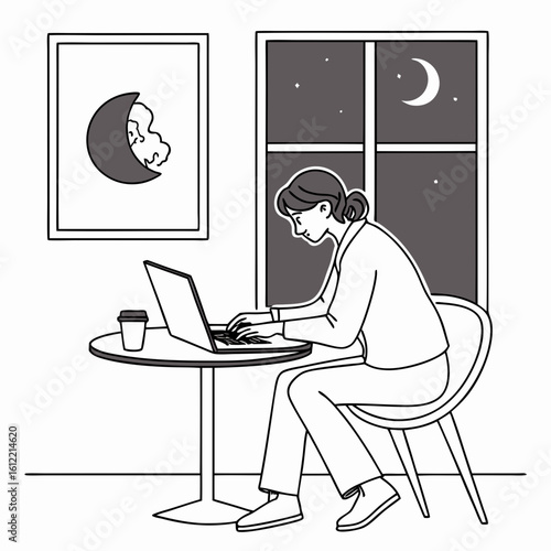 Woman Working Late at Night on Laptop While Moon Shines Through the Window — Digital Focus and Silence