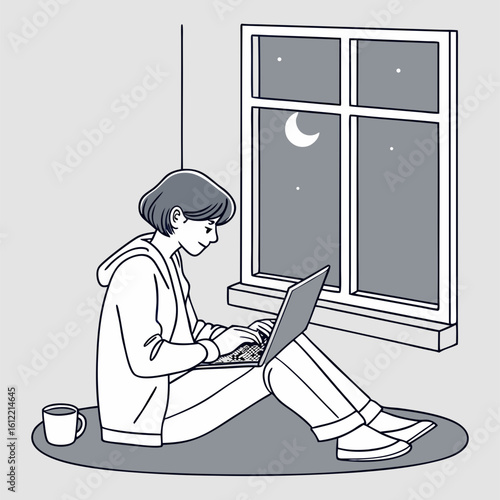 Young person working late on a laptop under moonlight – quiet remote workspace and evening productivity concept