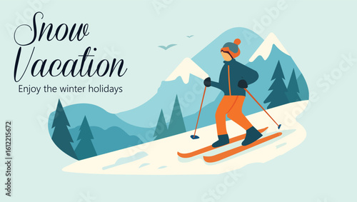 Winter Snow Vacation Illustration with Skier on Mountain