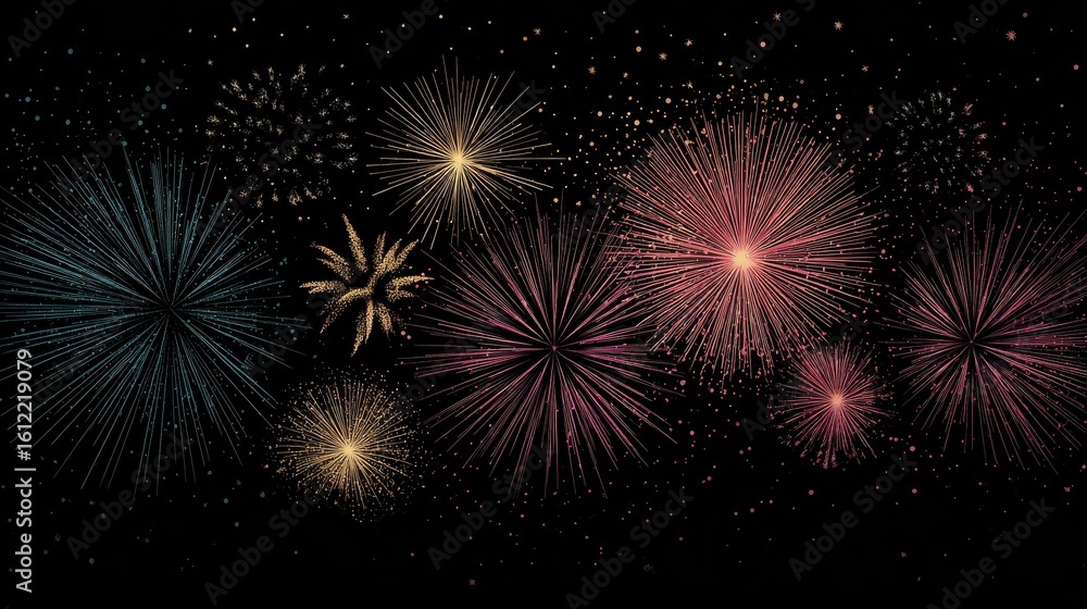 Fototapeta premium Flat fireworks. Festive sparkles, carnival salutes. Christmas, 4th july and winter holidays outline firework explosion element, no logos, no brands
