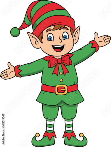 Cartoon Christmas elf in festive outfit, cheerful holiday character with striped socks and open arms, cad drawing, vector illustration design