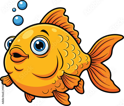 Cartoon goldfish with bubbles, smiling fish illustration, expressive eyes vector, cad drawing, flat aquatic design, playful underwater character art