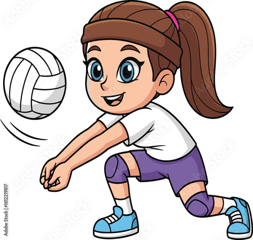 Cartoon volleyball player vector, sport character illustration, flat design athlete pose, action moment, cad drawing, knee pad stance