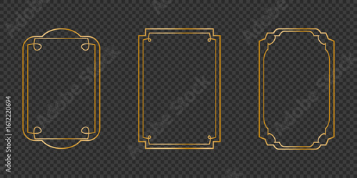 Golden thin rectangular frame on the transparent background