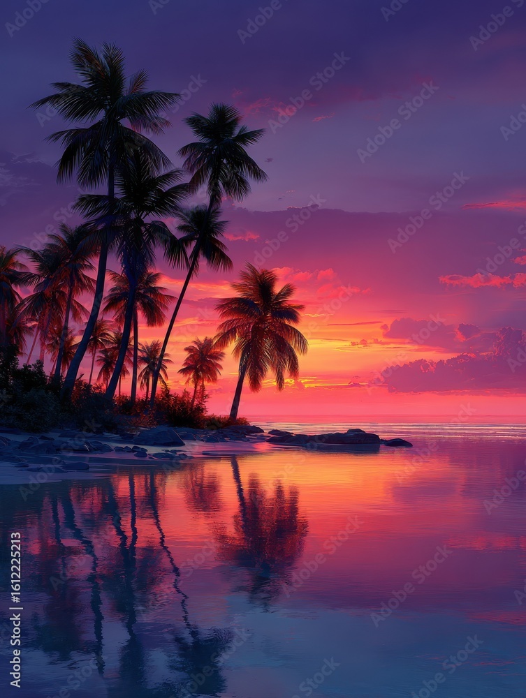 Obraz premium Tropical beach adorned by palm tree silhouettes during a magical sunset