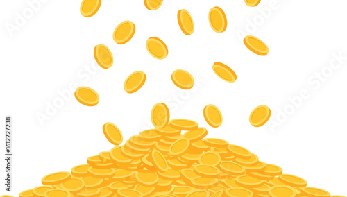 Golden coins falling and piling up in a heap, wealth and prosperity.