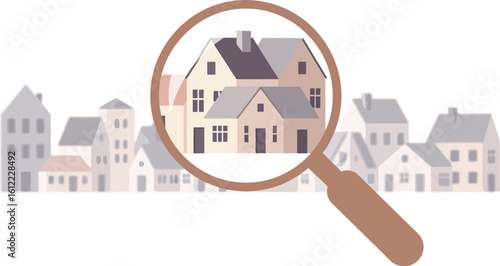 Magnifying glass focuses on houses in a neighborhood illustration.