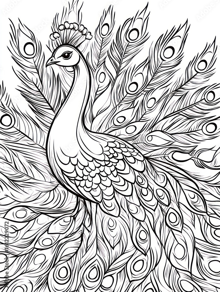 Fototapeta premium Peacock Coloring Page, Detailed Illustration, Black and White, Coloring Book, Educational Material, for Kids