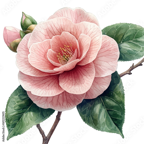 Camellia Flower, watercolor drawing vector, isolated on a white background.