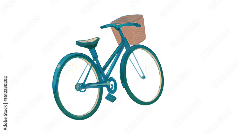 Fototapeta premium Turquoise bicycle with wicker basket on white background