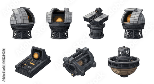 Stylized Sci-Fi Observatory Illustration Set Against a White Background