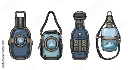 Steampunk flasks, unique containers, blue water, vector illustration for designs.