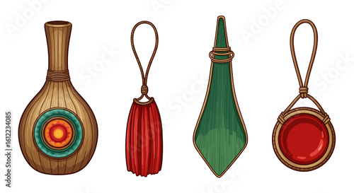 Artistic collection of fantasy amulet pendants with different shapes and colors.