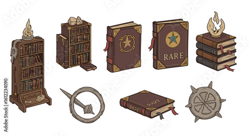 Magical library collection with enchanted books and arcane shelves design