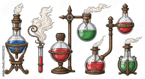 Collection of cartoon alchemic vials with colorful bubbling liquids