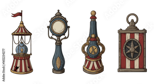 Whimsical vintage carnival props arrayed against a crisp white backdrop.