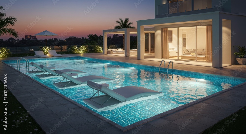 Obraz premium Modern luxury villa with illuminated infinity pool at twilight