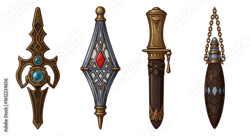 Four ornate magical artifacts, medieval and fantasy style, against white backdrop