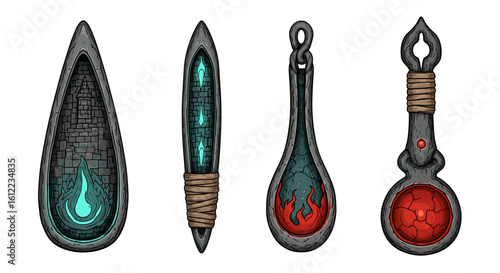 Magical pendants glowing with inner mystical power and otherworldly energy