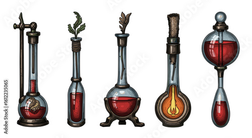 Alchemical vials filled with mysterious red liquid potions