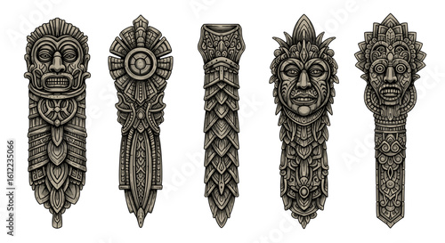 Intricate carved stone totem poles display ancient tribal faces.