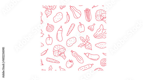 Trendy organic vegetables seamless design for vibrant kitchen decor and healthy eating promotions, showcasing beets, corn, and peppers in eye-catching red outlines