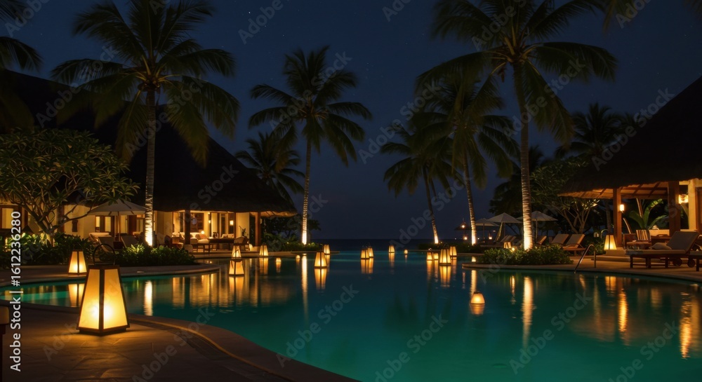 Obraz premium Tropical resort swimming pool at night with palm trees and glowing lanterns